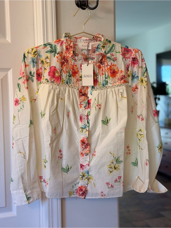 Fate Tops - Fate Cream Floral Cotton Peasant Blouse with Pink & Yellow Blooms